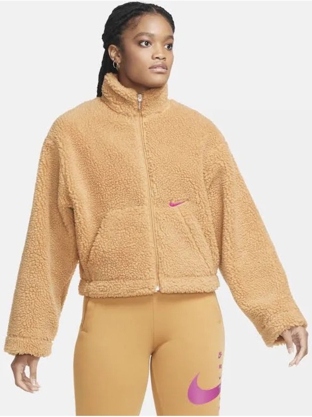 Nike Women's Tan Sherpa Full-Zip Jacket with Pink Swoosh